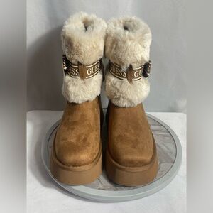 GUESS GWDenla Medium Brown Faux Fur Suede Boots Size 8M w/ Box Winter Cozy